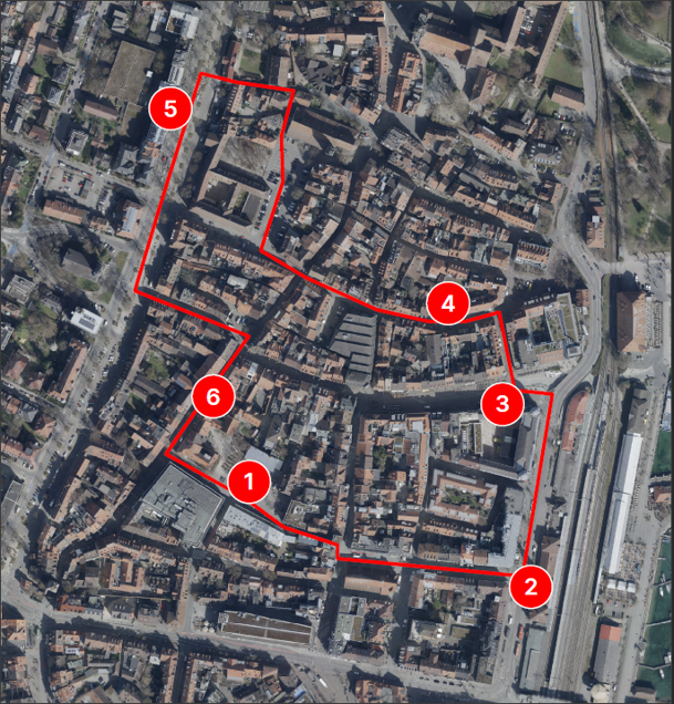 Orthobild Innenstadt mit Route über 6 Stationen