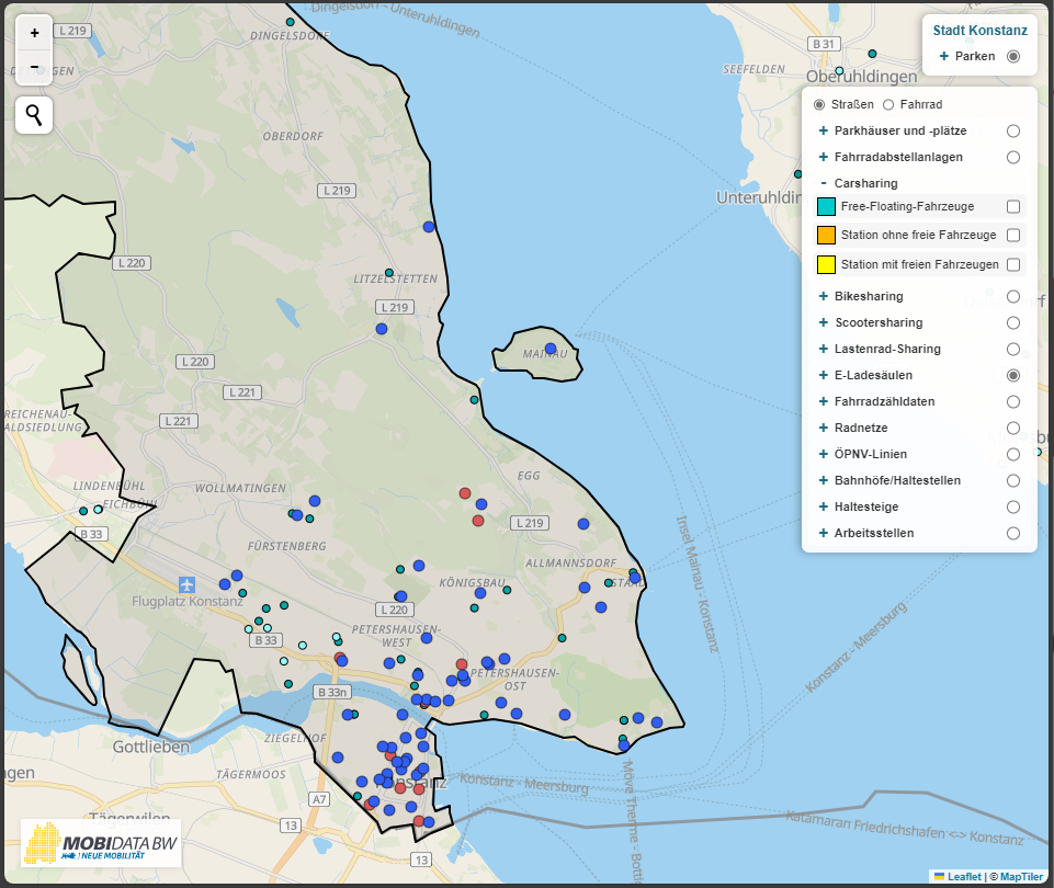 Karte von Konstanz mit markierten Punkten zu Parken + E-Ladesäulen