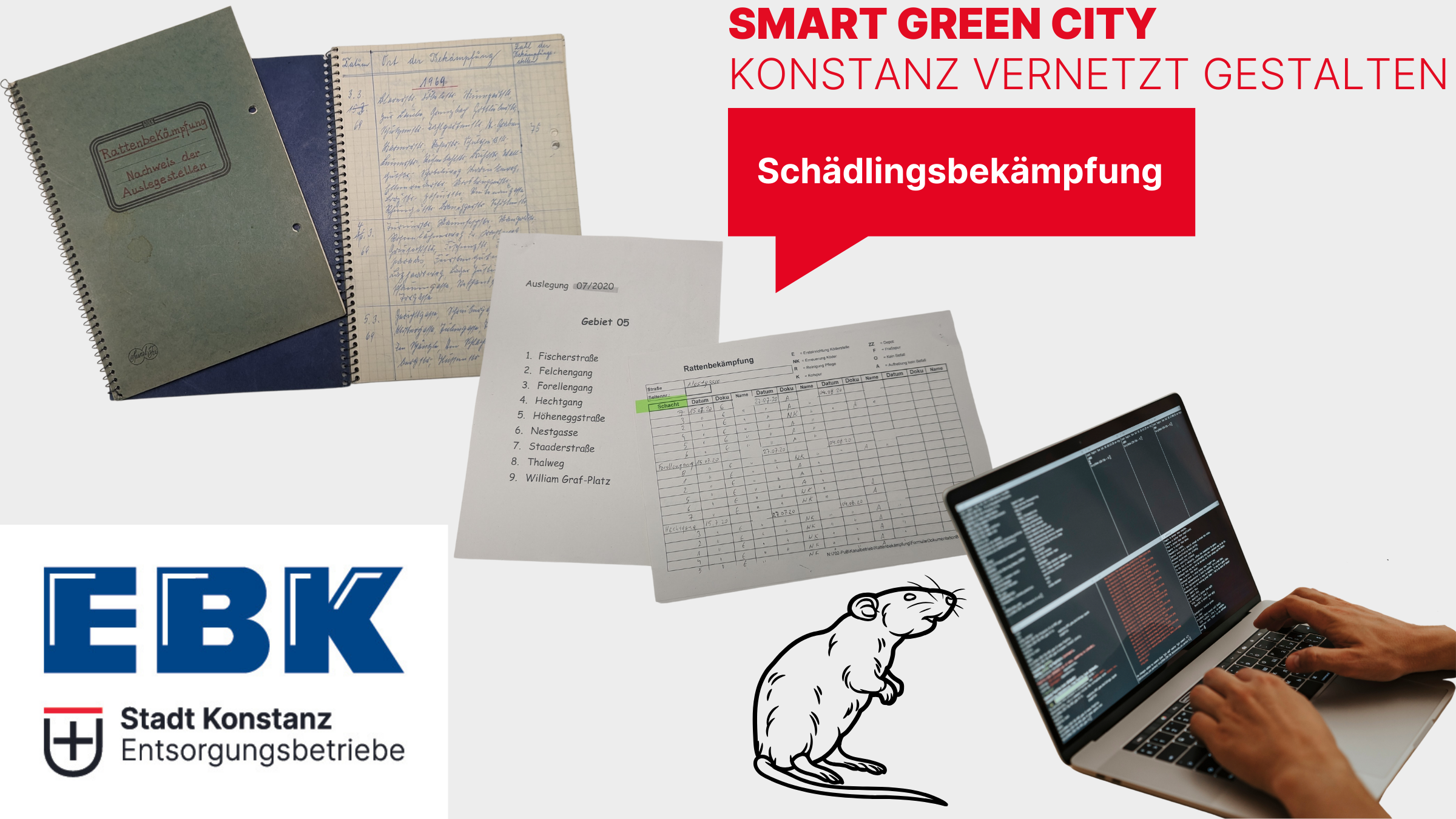 Collage von Notizbuch 1969, Liste 2020 und Laptop. In der Ecke oben rechts der Schrift-zug Smart Green City, darunter in roter Sprechblase Schädlingsbekämpfung und in der Ecke unten links das Logo der Entsorgungsbetriebe Stadt Konstanz 