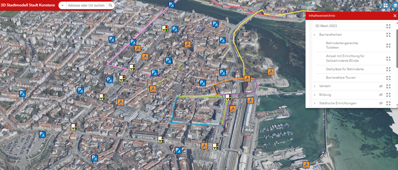 Konstanz im 3D-Stadtmodell mit Markierung Behindertenparkplatz Münzgasse 