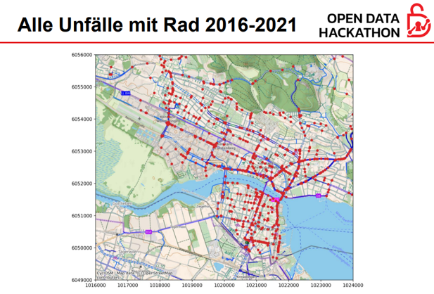 Folie Open Data Hackathon mit Karte Rad Unfälle 2016-2021