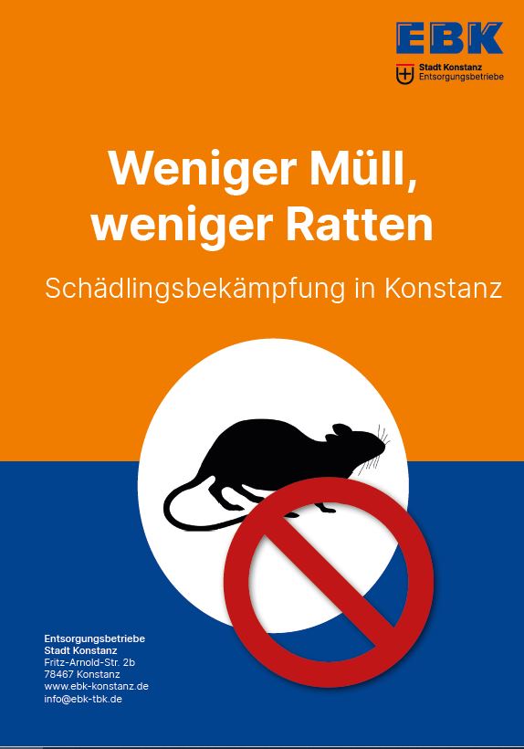 Titelbild Flyer Weniger Müll, weniger Ratten - Schädlingsbekämpfung in Konstanz mit durchgestrichener Ratte